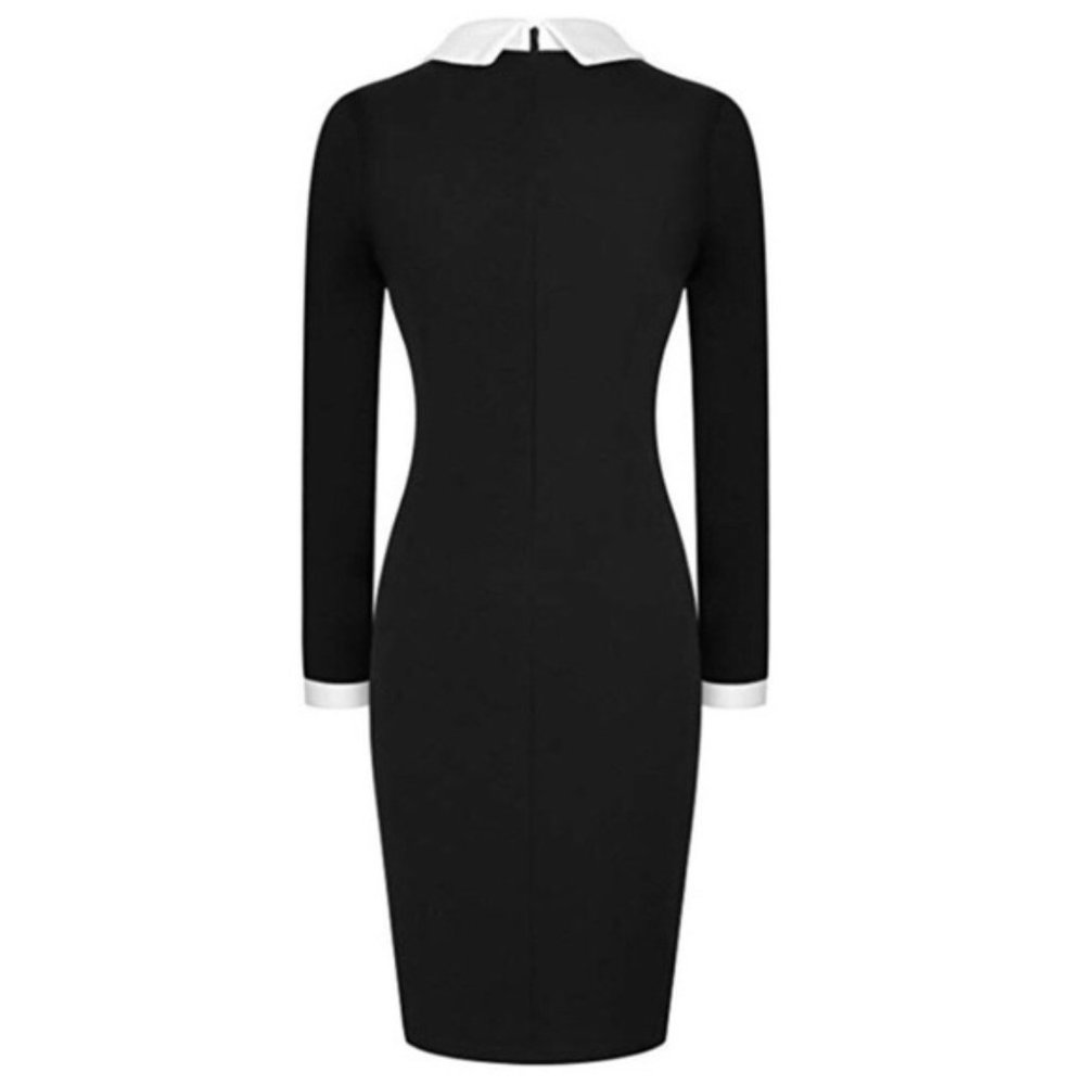 White Collared Black Long Sleeve Pencil Dress Sz Small New - Picture 5 of 7